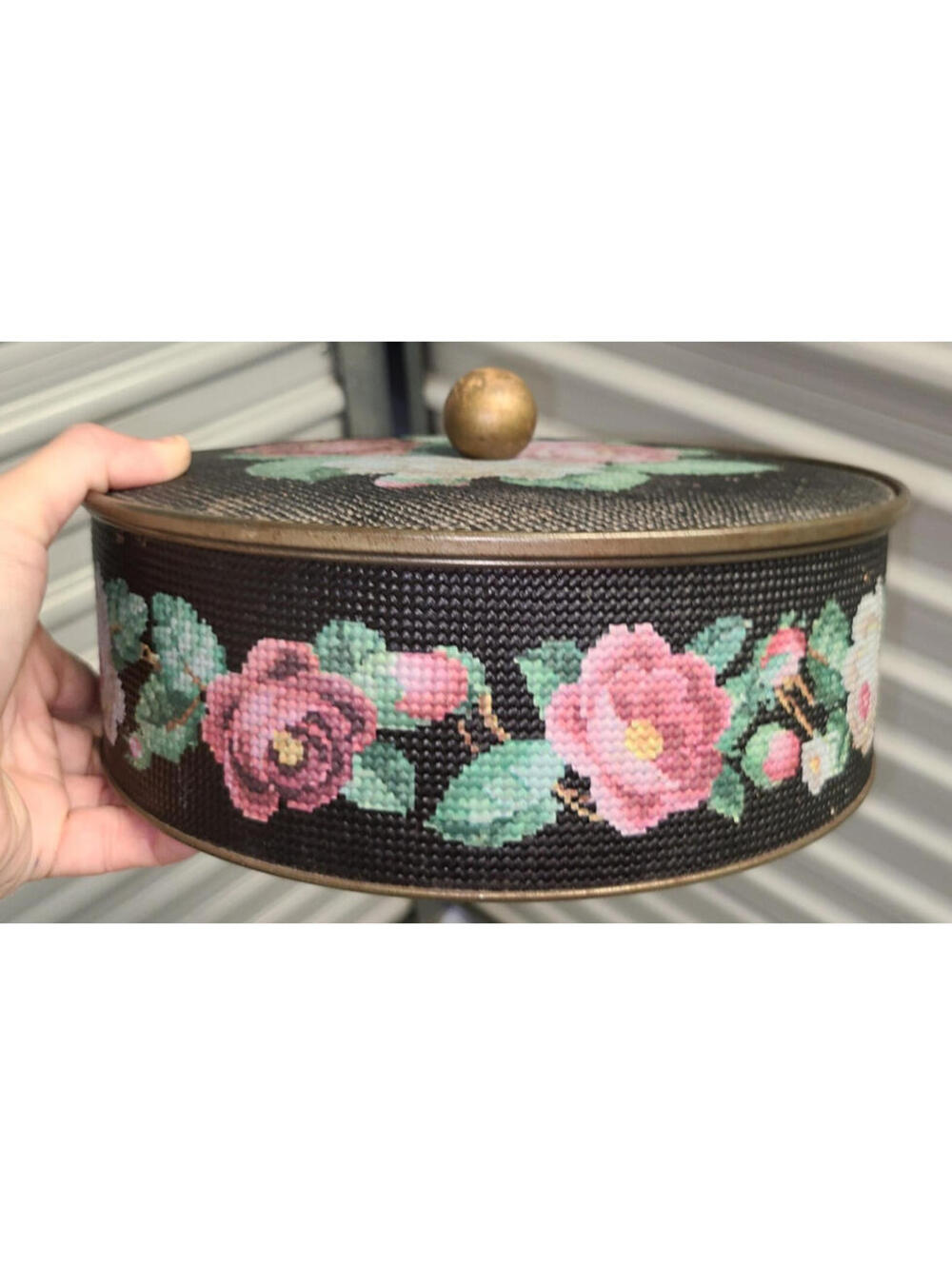 Vintage Sunshine Biscuit Tin, Guildcraft Knitting Sewing Box, Faux Needlepoint,